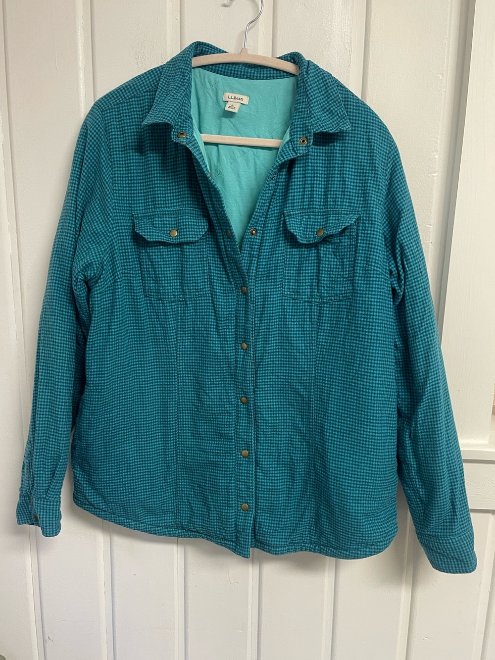 L.L.Bean Teal Gingham Quilted Shirt Jacket Flannel Lined Snap Front Large